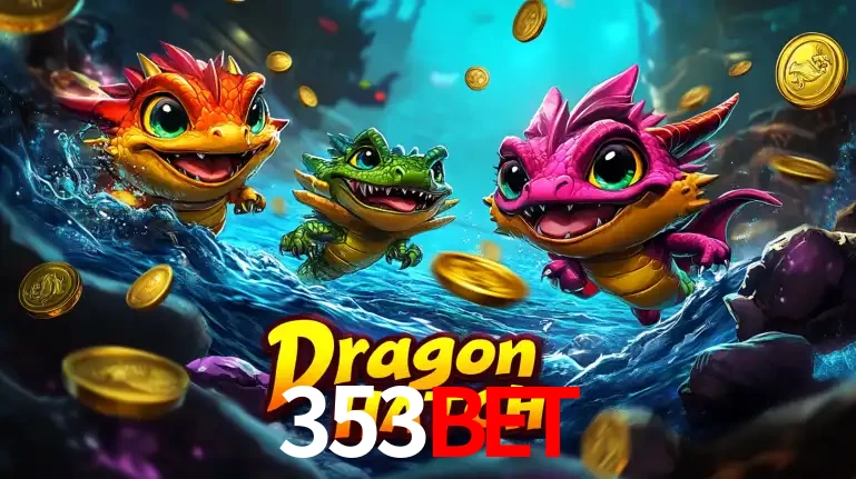 Arte promocional do jogo Dragon Hatch com três adoráveis dragões bebês nadando entre moedas de ouro, um dos slots mais divertidos para jogar no cassino 353BET.