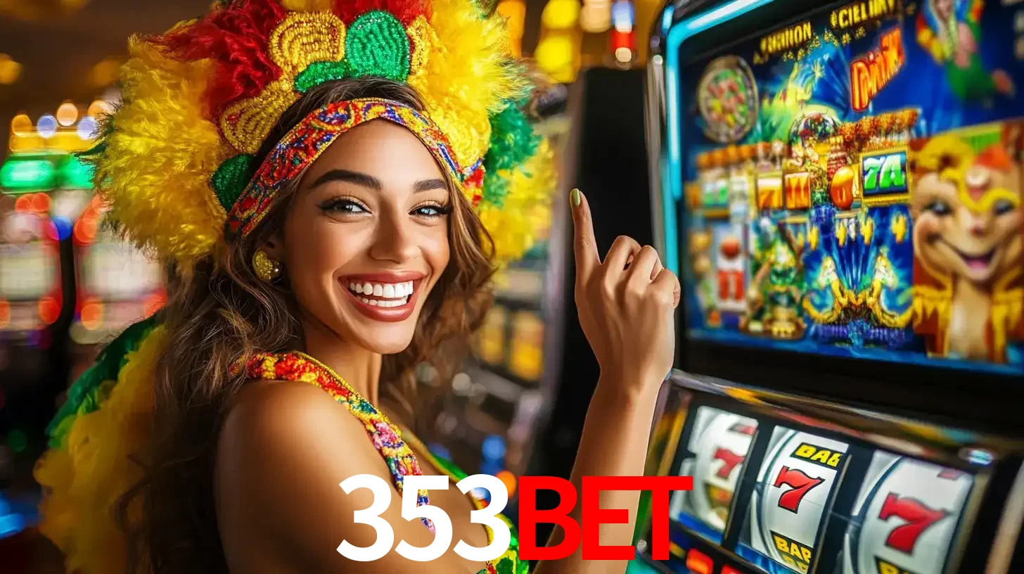 Mulher animada com um cocar de carnaval apontando para uma máquina de caça-níqueis, mostrando a emoção de ganhar um grande prêmio nos jogos do 353BET.