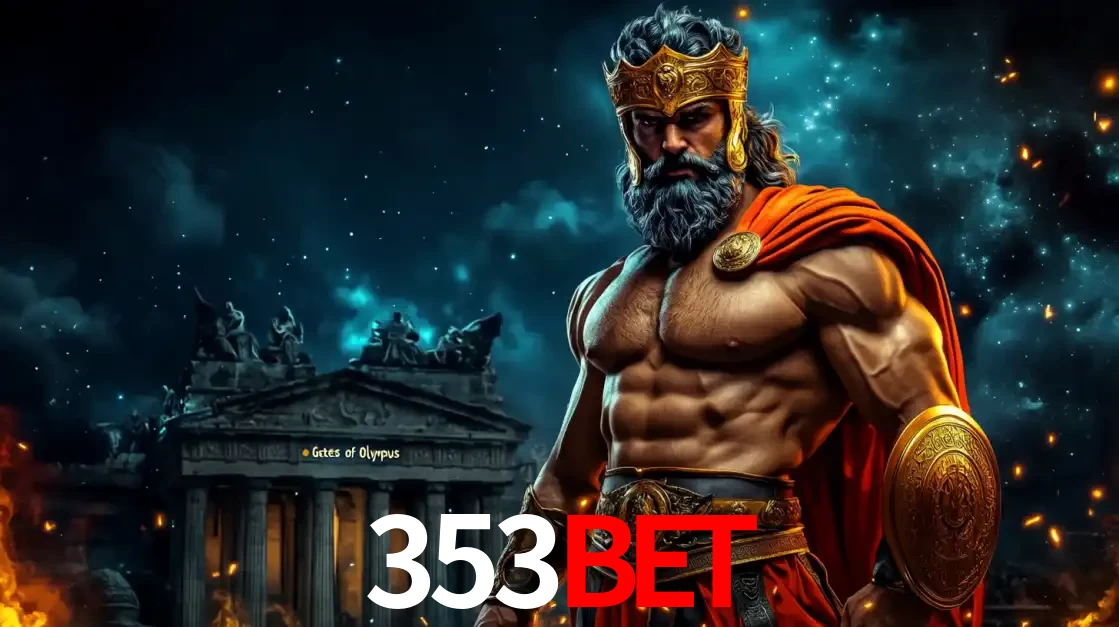 O poderoso Zeus do jogo de slot Gates of Olympus em frente ao seu templo, pronto para lançar multiplicadores divinos e prêmios épicos no cassino online 353BET.