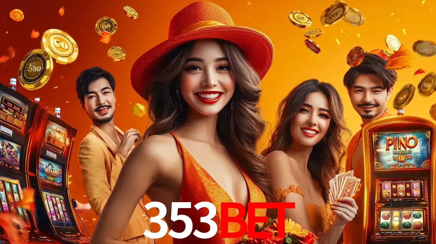 Grupo de amigos asiáticos sorrindo e se divertindo com máquinas de caça-níqueis em um ambiente festivo, celebrando suas vitórias nos jogos de cassino do 353BET.