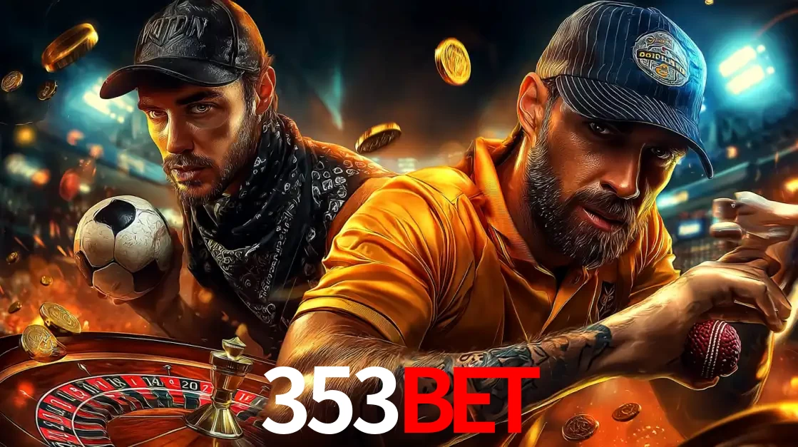 Montagem de apostas esportivas e cassino no 353BET, com um homem segurando uma bola de futebol e outro uma de beisebol sobre uma roleta e moedas voadoras.