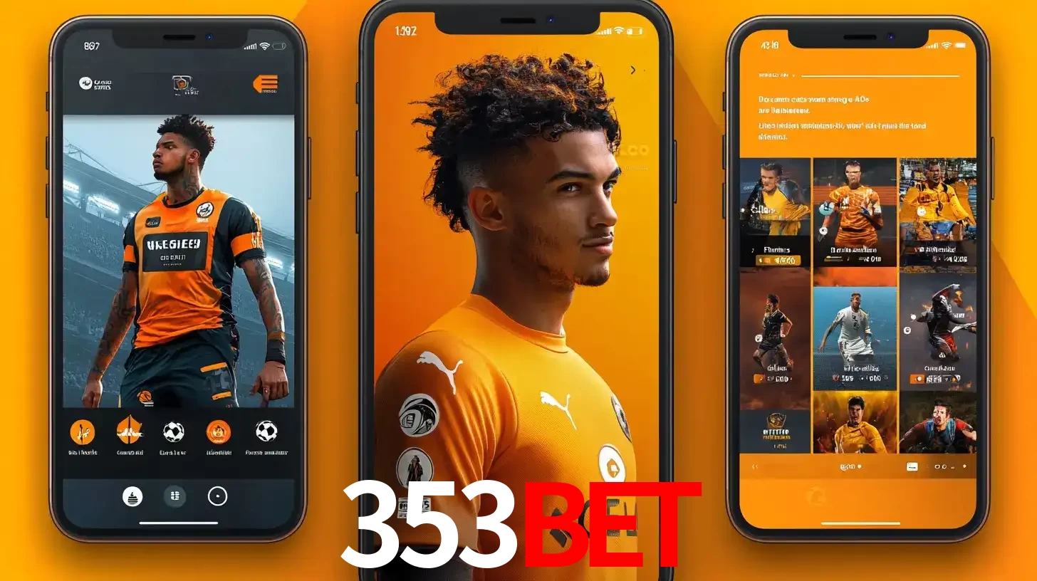 Interface do aplicativo de apostas esportivas 353BET em três telas de celular, mostrando o perfil de um jogador de futebol e a lista de jogos disponíveis para apostar.