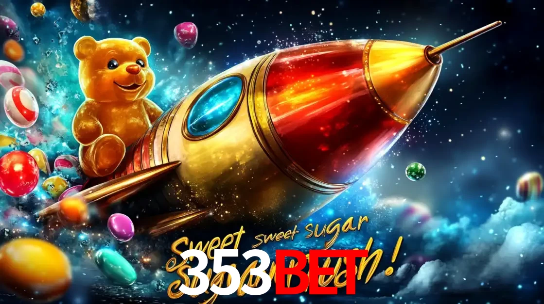Arte promocional do jogo de slot Sugar Rush, com um urso de pelúcia em um foguete viajando pelo espaço de doces, um dos jogos divertidos disponíveis no cassino 353BET.