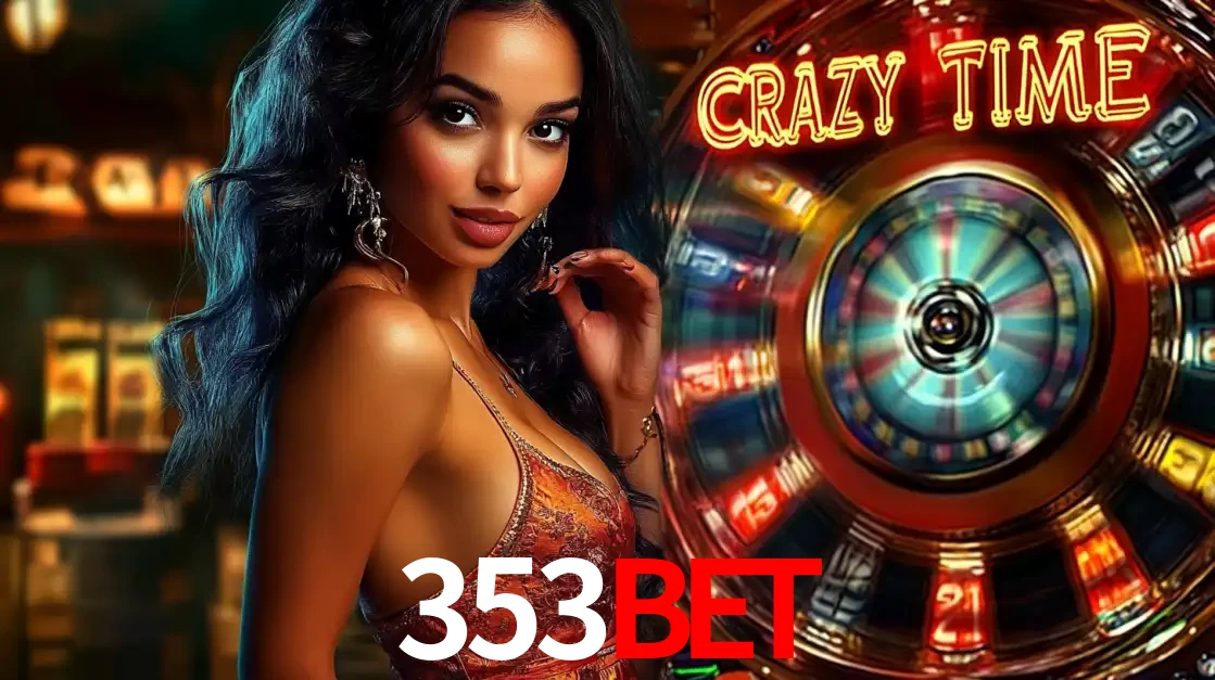 Mulher elegante ao lado da vibrante roda da fortuna do jogo de cassino ao vivo Crazy Time, um dos game shows mais populares e cheios de prêmios do 353BET.