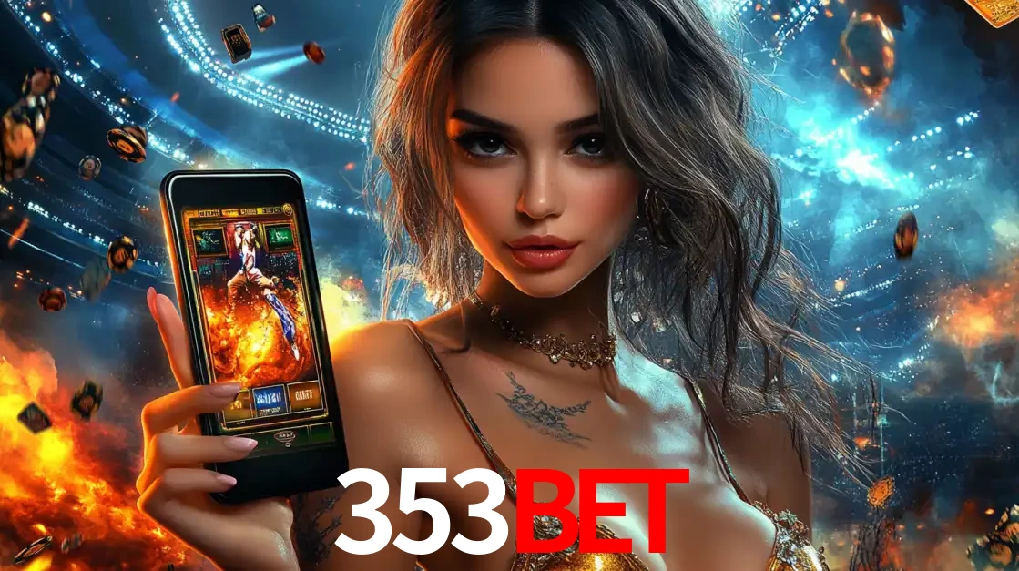Mulher segurando um celular com um jogo de slot em destaque, tendo como fundo um estádio vibrante, simbolizando a emoção de jogar no cassino móvel 353BET.